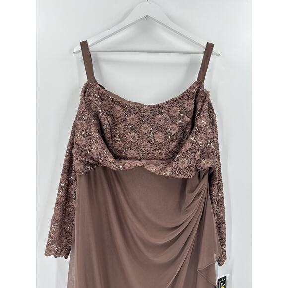 NWT Alex Evenings Dress Womens 18W Latte Brown Floral Sequin Lace Ruffles Ruched - Picture 3 of 16